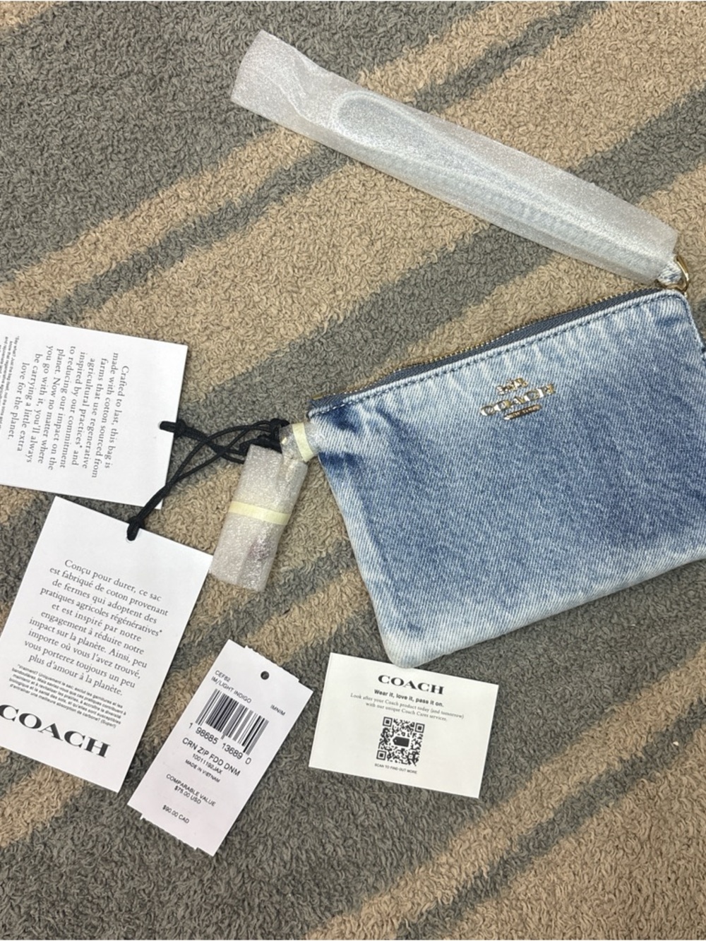 Coach Corner Zip Faded Denim Wristlet with Cherry Charm Pouch in Light Blue NWT